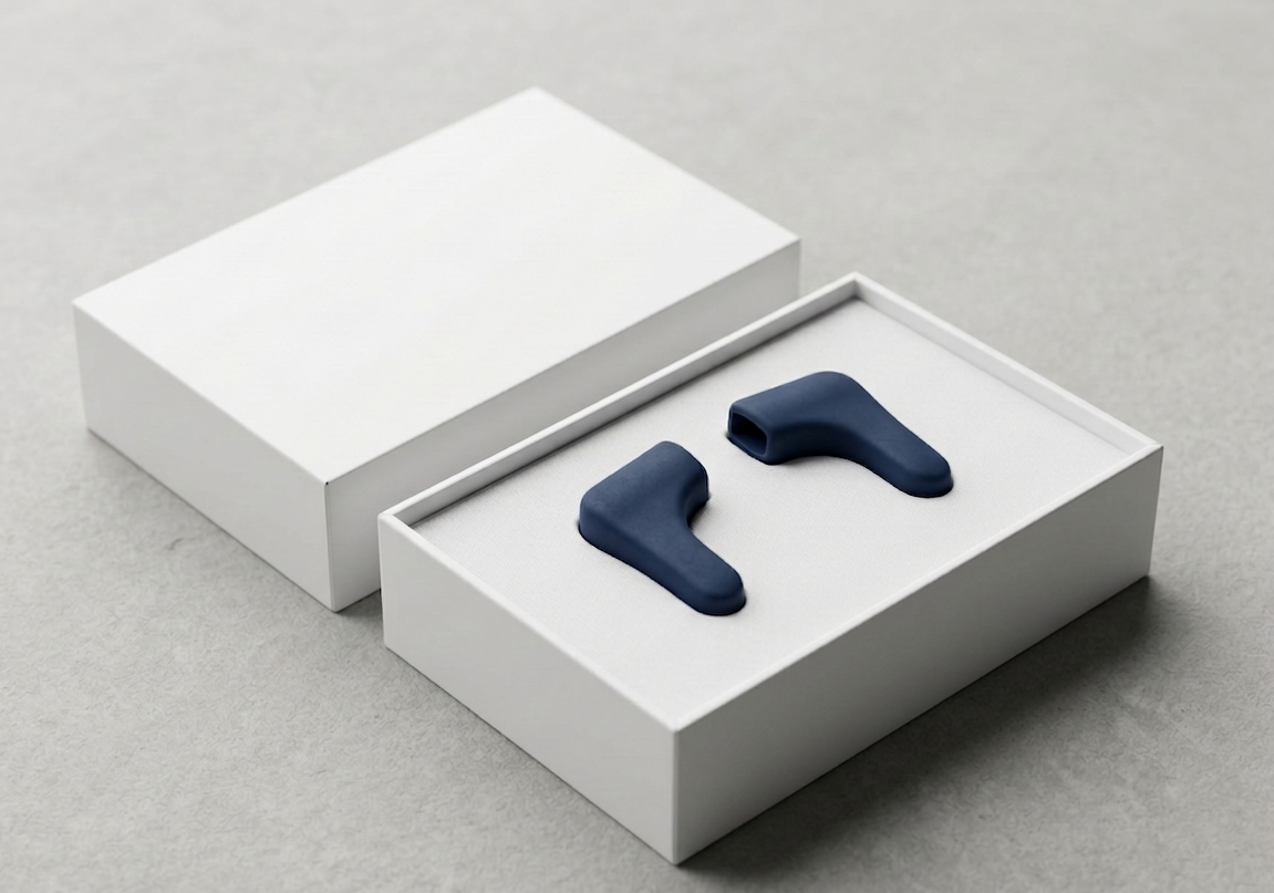 Pinna ear hooks in navy, presented in a minimal white box